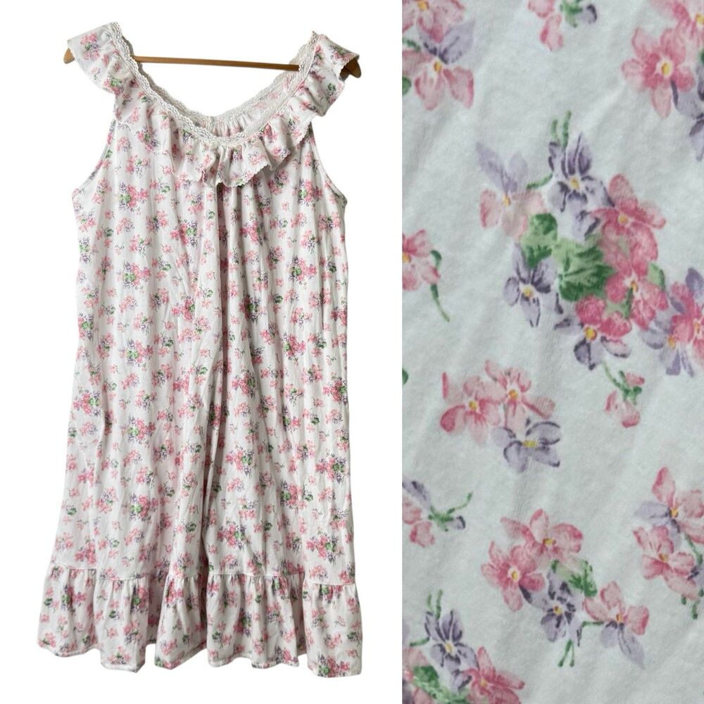 Lauren Ralph Lauren Nightgown Women L Floral Ruffle Lace Cottagecore Coquette